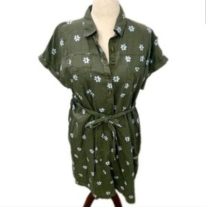 Sonoma Womens Green Floral Linen Belted Lagenlook Dress Size XL